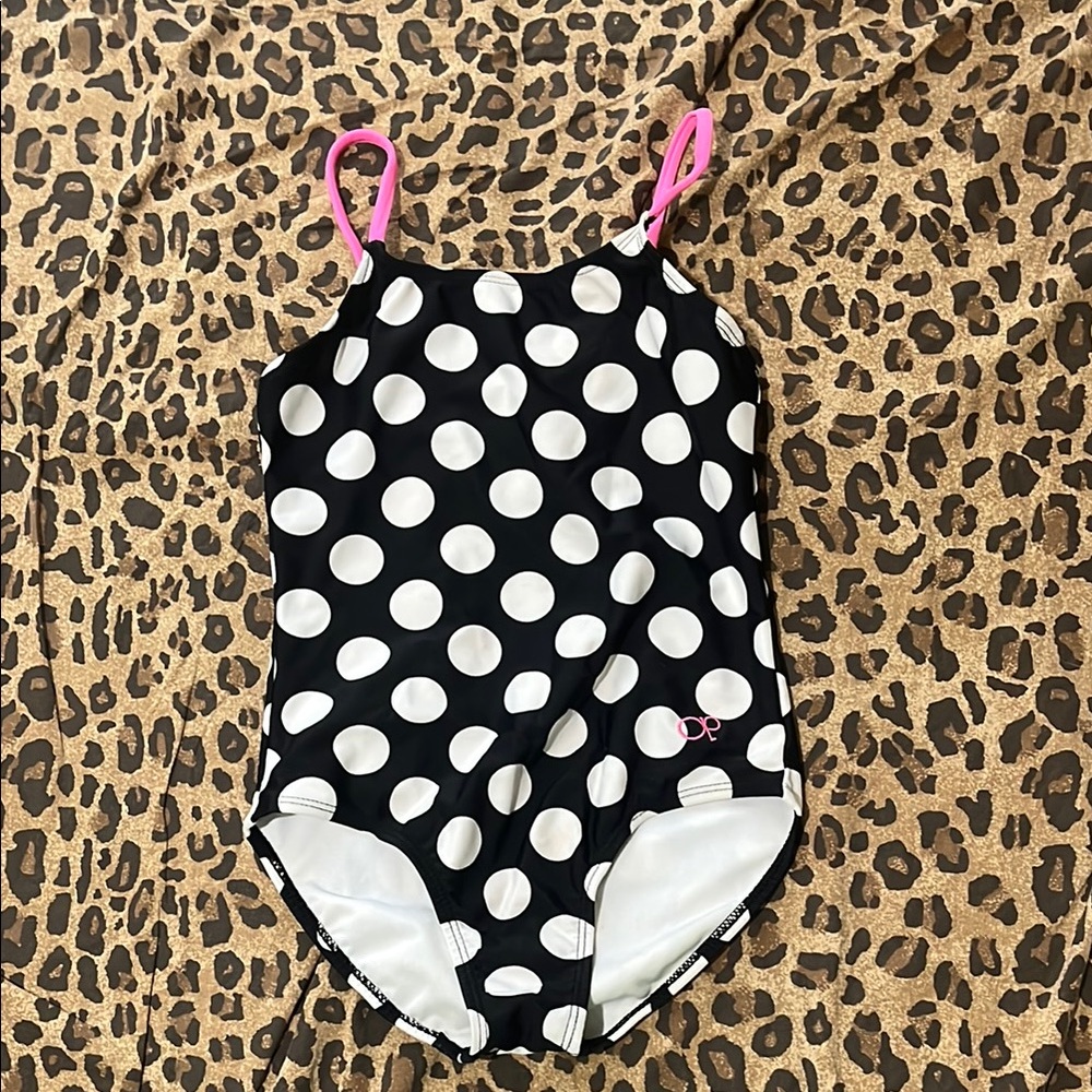 Op Girls one piece swimsuit, polka dot w hot pink straps. Used, never worn.